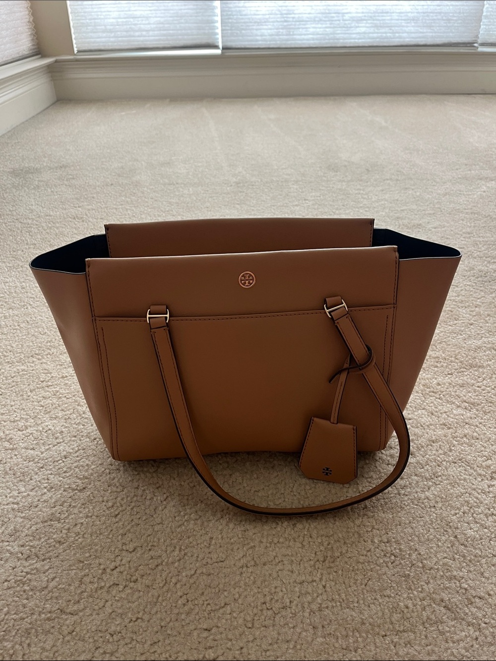 Tory Burch Tan Leather Tote with Logo Charm
